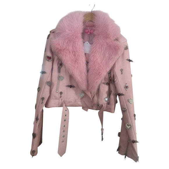Sugar Thrillz Jackets & Blazers - Dolls Kill Sugar Thrillz Cupids Arrow Embellished Faux Fur and Leather Moto Rare